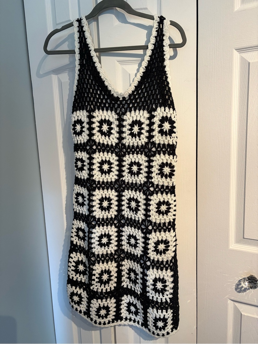 Black & White Crochet Square-Panel Mini Dress